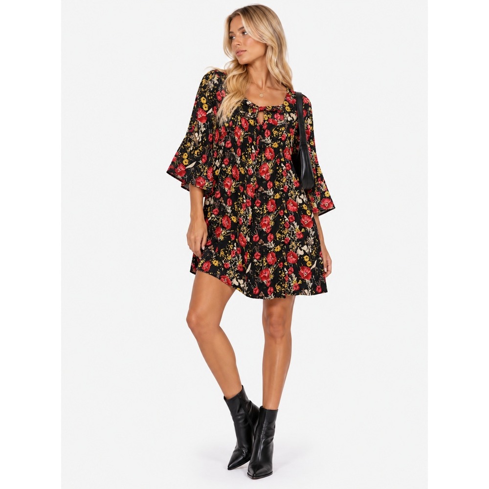 Umgee Anthropologie Floral Poppy Bell Sleeve Babydoll Tunic Dress L New